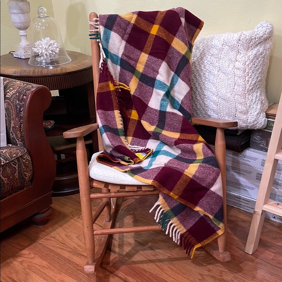 Wool O’ The West Vintage Plaid Blanket Fringe maroon green yellow cream color